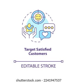 Target satisfied customers concept icon. Way to make clients write review abstract idea thin line illustration. Isolated outline drawing. Editable stroke. Arial, Myriad Pro-Bold fonts used