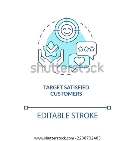 Target satisfied customers turquoise concept icon. Way to make clients write review abstract idea thin line illustration. Isolated outline drawing. Editable stroke. Arial, Myriad Pro-Bold fonts used
