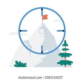 Target Scope Over Mountain With Flag In Flat Vector Illustration Symbolizing Goal Achievement, Strategic Planning, Business Success, And Personal Growth, Isolated On White Background.