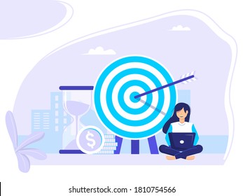 Target selection achieved. Concept of business Achievement Measurement and Grow Goals for Web Banner Infographic Images. Flat style illustration.