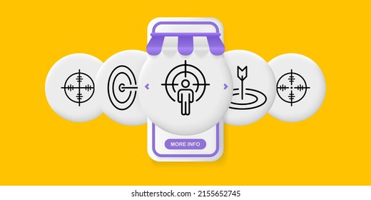 Target set icon. Target, shooting, arrow, sight, bow, weapon, idea. The target audience concept. UI phone app screens with people. Vector line icon for Business and Advertising