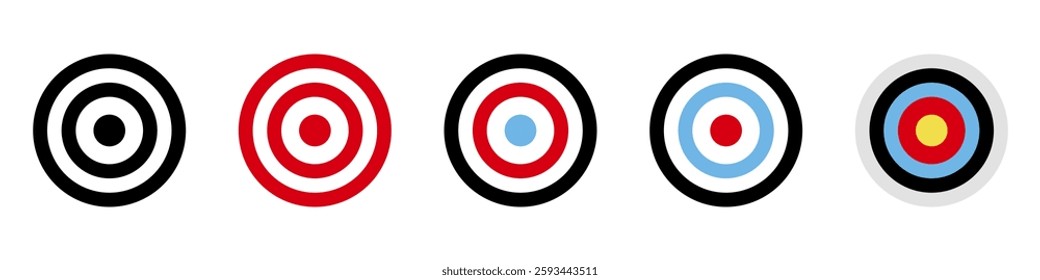 Target set. Several different targets. Aiming on point. Bulls eye. Different colours. Circular design. Success target. Achieve goals. Business concept.