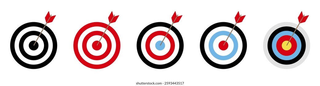 Target set. Several different targets. Aiming on point. Bulls eye. Different colours. Circular design. Success target. Achieve goals. Business concept.