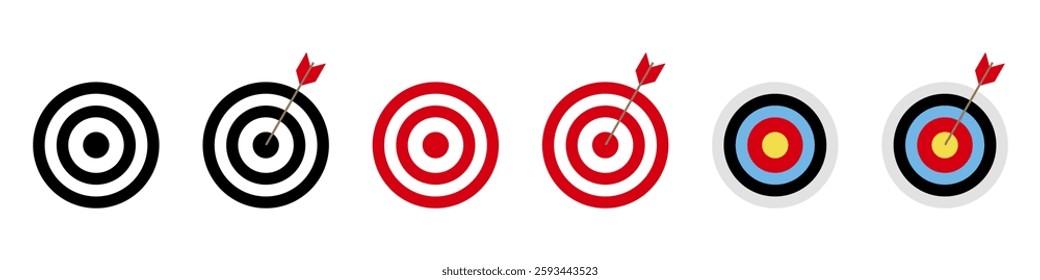 Target set. Several different targets. Aiming on point. Bulls eye. Different colours. Circular design. Success target. Achieve goals. Business concept.