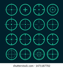 Target set. Sight symbol black colored. Set of 16 sight. Target aim and aiming to bullseye signs symbol. Vector illustration