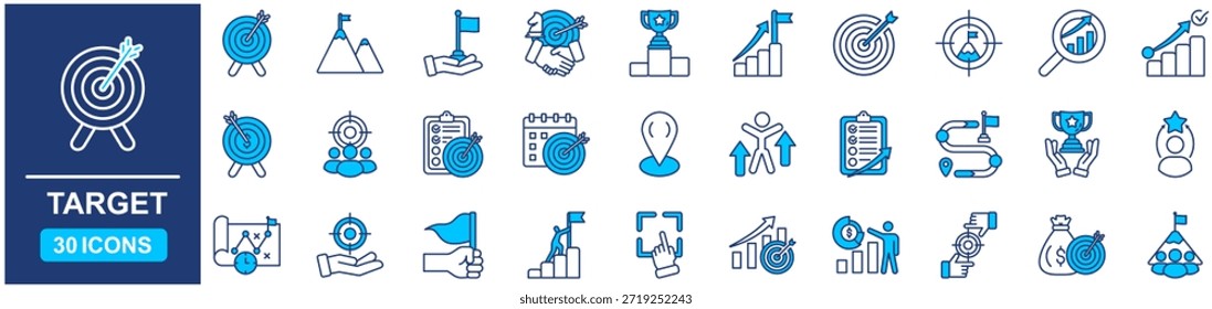 Target set of web icons in Blue style Flat. vector illustration concept relate to sight, line, isolated, financial, businessman, shoot, shot, icon, target, sharpened, mission, scope, person, set, achieve