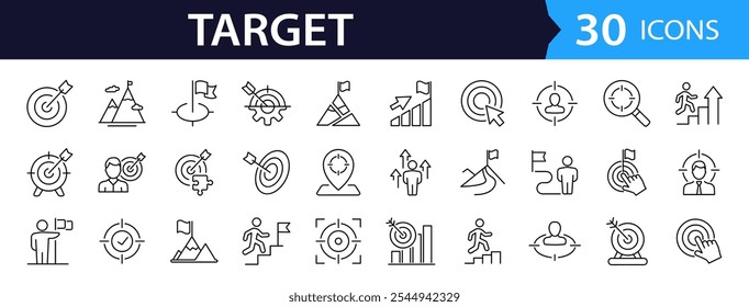 Target set of web icons in line style. Goal target and mission success linear icon collection. Containing goal, achievement, success, aim, goal, crosshair, shoot, shooting, aim, arrow. Editable stroke