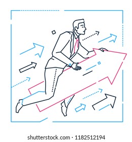 Target setting - line design style isolated illustration on white background. Metaphorical image of a businessman flying on an arrow. Goal, definition of objectives concept