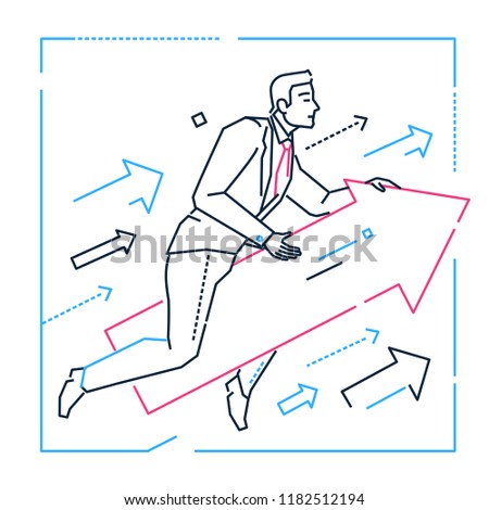 Target setting - line design style isolated illustration on white background. Metaphorical image of a businessman flying on an arrow. Goal, definition of objectives concept