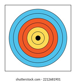 Target for shooting, blue, red, yellow. Archery sport equipment. Summer games. Vector cartoon isolated illustration.