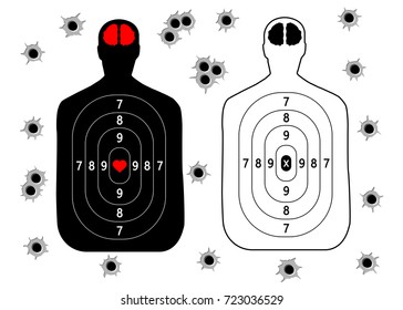 Target for shooting, human silhouette set, bullet holes. Vector illustration isolated