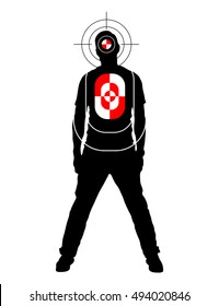 Target for shooting practice in man silhouette shape with marks on head and body, isolated on white