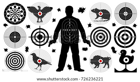 Target for shooting set, man with arms, shoot gun aim animals people man isolated. Sport Practice Training. Sight, bullet holes. Dartboard, archery. vector illustration.