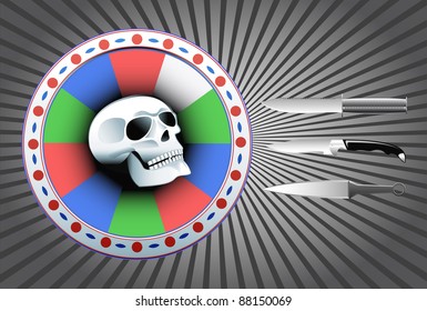 Target with a skull and throwing knives are shown in the image.