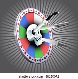 Target with a skull and throwing knives are shown in the image.
