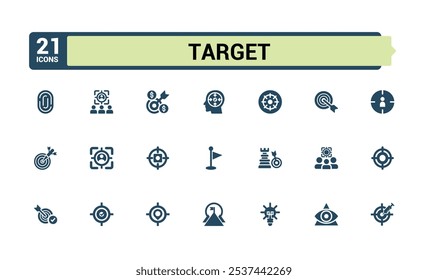 Target solid icons set. Contains related to destination, sport, goal, glyph, dot, projection, concept, hit. Flat filled icons pack. Editable vector illustration.