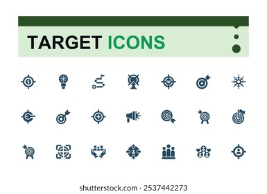 Target solid icons set. Contains related to destination, sport, goal, glyph, dot, projection, concept, hit. Flat filled icons pack. Editable vector illustration.