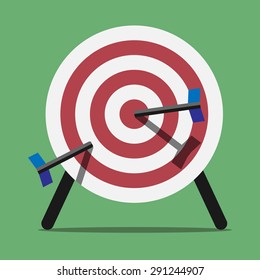 Target spiked with arrows or darts standing on green background. Flat style. EPS 10 vector illustration, transparency used