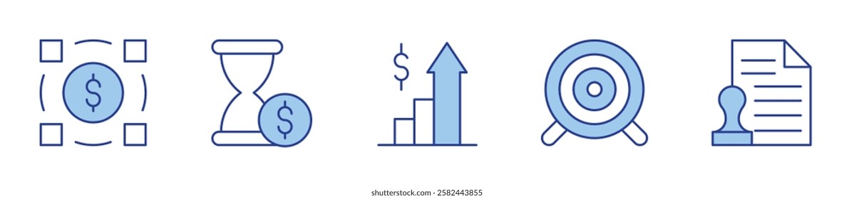 target, stamp, value chain, time is money, profits. Icon vector illustration. Line Duotone style. Editable stroke.