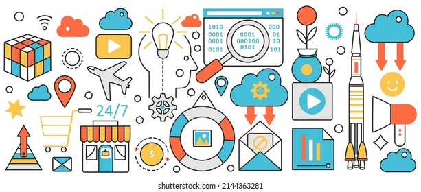 Target strategy, digital marketing technology. Email advertising and social media campaign and audience analysis, invesment solutions, seo service in infographic concept banner, thin line art design