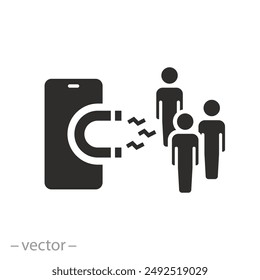 target strategy icon, customer brand magnet, influence social or media, attract user, generate marketing people, awareness in phone, flat vector illustration