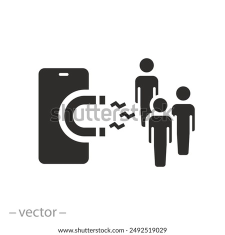 target strategy icon, customer brand magnet, influence social or media, attract user, generate marketing people, awareness in phone, flat vector illustration