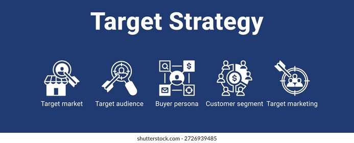 Estratégia alvo ícone de banner web vetor ilustração conceito para com ícone de mercado alvo, público-alvo, Comprador persona, Cliente.