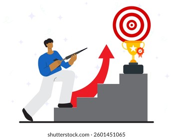 Target to success concept. Businessman holding arrow while climbing ladder to shoot at bullseye. Planning, achievement, aim, challenge. 