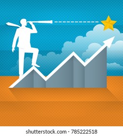 Target to success concept, vector of a Businessman standing on the strong growth graph and use a binocular looking at the yellow golden star as goal to reach, vintage fold paper art style.
