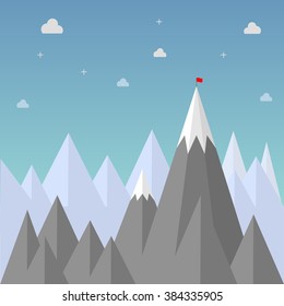Target to success. Flag on top of mountain. Flat design concept for business, financial, marketing, aim target, success ideas, target challenge, investment purpose, focus direction