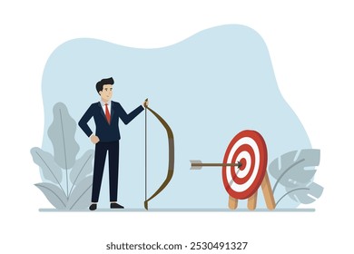 Target success, goal achieved, successful businessman succeeds in shooting the target. Business vector illustration.