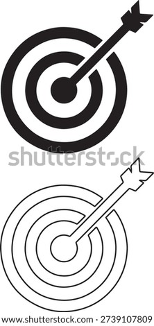 Target symbol with an arrow striking the exact center representing achievement, focus, strategy, purpose, and accuracy, available in both solid black and outline versions on a clear white background