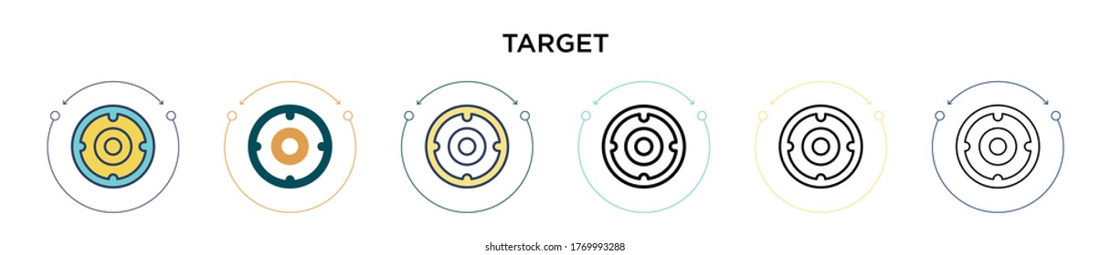 Target symbol icon in filled, thin line, outline and stroke style. Vector illustration of two colored and black target symbol vector icons designs can be used for mobile, ui, web