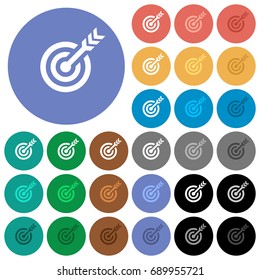 Target table with arrow multi colored flat icons on round backgrounds. Included white, light and dark icon variations for hover and active status effects, and bonus shades on black backgounds.