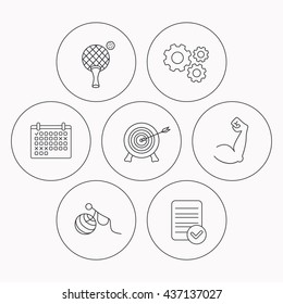 Target, table tennis and biceps icons. Gymnastics for pregnant linear sign. Check file, calendar and cogwheel icons. Vector