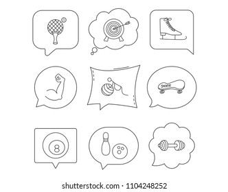 Target, table tennis and fitness sport icons. Skateboard, muscle and bowling linear signs. Ice skates, billiards and gymnastics icons. Linear Speech bubbles with icons set. Comic chat balloon. Vector