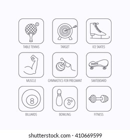 Target, table tennis and fitness sport icons. Skateboard, muscle and bowling linear signs. Ice skates, billiards and gymnastics icons. Flat linear icons in squares on white background. Vector