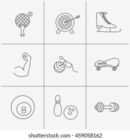 Target, table tennis and fitness sport icons. Skateboard, muscle and bowling linear signs. Ice skates, billiards and gymnastics icons. Linear icons on white background. Vector