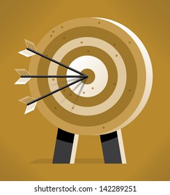 Target with three arrows in bullseye. Concepts: Competition winning, Achievement, Victory, Business efficiency, Success, Planning, Teamwork, Management, Solutions, Olympic games, Skills, experience