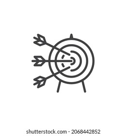 Target and three arrows line icon. linear style sign for mobile concept and web design. Arrows hitting a target outline vector icon. Symbol, logo illustration. Vector graphics