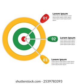 Objetivo con tres flechas, tres pasos o infografías de opciones, tablero de dardos