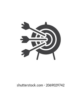 Target and three arrows vector icon. filled flat sign for mobile concept and web design. Arrows hitting a target glyph icon. Symbol, logo illustration. Vector graphics