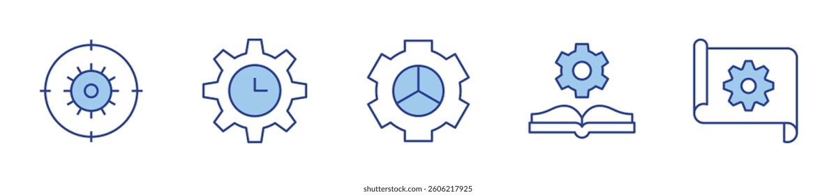 target, time management, manual book, blueprint, settings. Gear Icon vector illustration. Line Duotone style. Editable stroke.