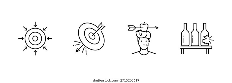 Conjunto de iconos de entrenamiento de objetivos, flechas alrededor de la diana, golpe de dardo perfecto, William tell tiro de manzana, ilustración de contorno de práctica de tiro de botella.