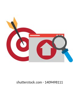 target upload and magnifying glass icon cartoon vector illustration graphic design