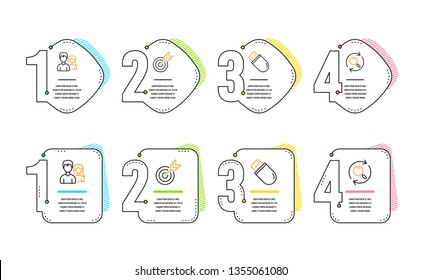 Target, Usb stick and Teamwork icons simple set. Search sign. Targeting, Memory flash, Man with woman. Find results. Business set. Infographic timeline. Line target icon. 4 options or steps. Vector