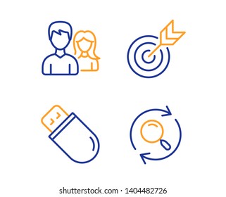 Target, Usb stick and Teamwork icons simple set. Search sign. Targeting, Memory flash, Man with woman. Find results. Business set. Linear target icon. Colorful design set. Vector
