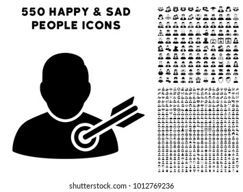 Target User icon with 550 bonus pitiful and glad person icons. Vector illustration style is flat black iconic symbols.