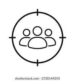 Target user icon with group of people inside focus circle, flat vector illustration representing audience targeting, customer segmentation, user research, marketing strategy and user interface concept