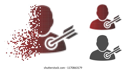 Target user icon in sparkle, dotted halftone and undamaged entire variants. Particles are organized into vector sparkle target user symbol.